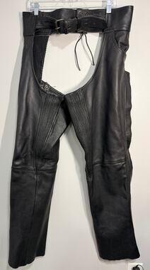 Unik International Black Leather Motorcycle Chaps Unisex Biker Riding Gear XL